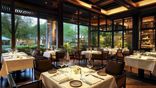 elegant restaurant interior with tables set for dining, offering garden views through large windows