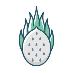Graphic dragon fruit illustration with green leaves surrounding it