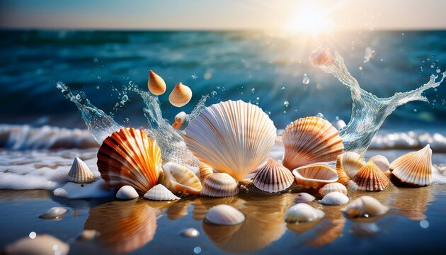 shelled ocean treasures in motion captivating sea waves with assorted shells and splashing water