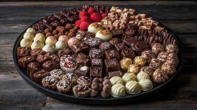 A beautifully arranged platter of assorted chocolates featuring various shapes. colors. and textures. set against a rustic wooden background. ideal for dessert promotion or culinary use