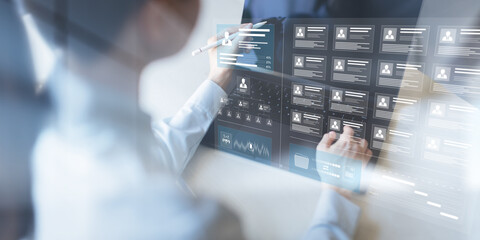 Digital Human Resources Management and Organizational Structure Displayed on a Virtual Interface.