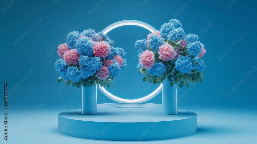 Poster two hydrangea bouquets in blue vases on a blue platform with a neon circle backdrop.