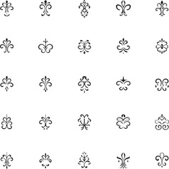 A collection of decorative design elements.  Various ornate swirls, scrolls, flourishes, and floral-inspired shapes in a classic, elegant style.  The elements are black lines on a white background, cr