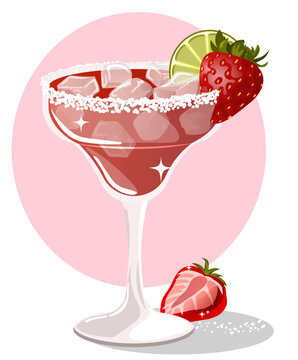 Festive Strawberry Margarita Illustration: Summer Cocktail with Salt Rim & Lime 