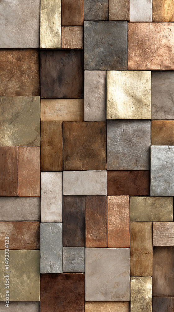 Poster Abstract texture of various brown, beige, and gold rectangular tiles arranged in a mosaic pattern, creating a warm and earthy visual, ideal for background or design element