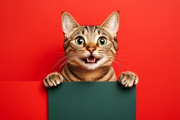 Cat-themed mockup. Cute cat mockup. Isolated cat on a solid attire red background. Kitten signage ad. &ETH;&iexcl;ute adult cat singapura hold in front paws a template - large green drive sign.