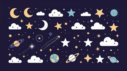Obraz premium Night Sky Elements Vector Set – Flat Minimalist Illustrations of Stars, Moons, Constellations, Planets, and Celestial Objects
