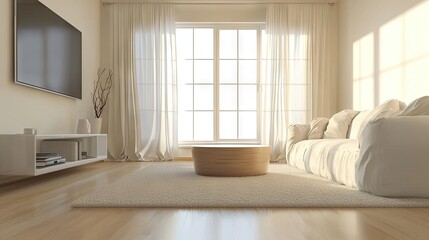Fototapeta premium A serene living room with a light-colored sofa and a wooden coffee table. featuring sheer curtains by a large window. creating a calm and inviting atmosphere