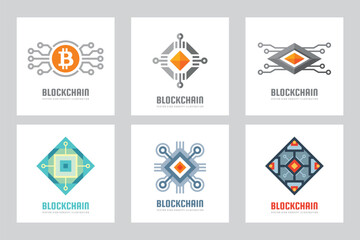 Electronic technology business logo set template concept vector illustration. Gear electronic factory sign. Cog wheel technology symbol. SEO emblem. Blockchain network communication. Design element.