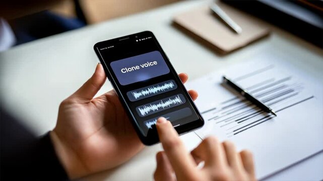 Person records voice on smartphone with sound waves creating clone voice, ai synthetic media and fake ai used for voice replication