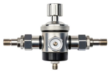 Industrial metal gas pressure regulator component isolated with transparent background