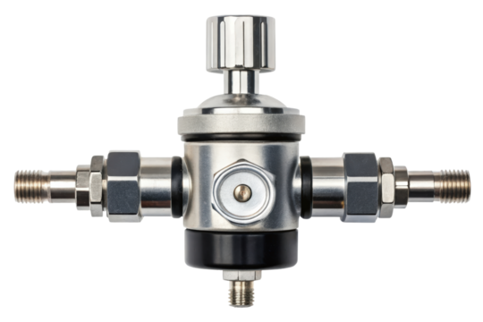 Industrial metal gas pressure regulator component isolated with transparent background