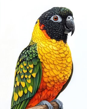 Close-up portrait of a colorful caique parrot perched on a branch against a white background showcasing vibrant plumage detail