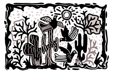 Wild nature. Birds on trees and cacti. Brazilian cordel northeast woodcut illustration