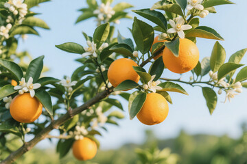 Orange tree with ripe fruits blossoms. Sweet mandarin orange hanging on branch with green leaves in garden. Healthy, fresh, Agriculture, vitamin food at fruit farm