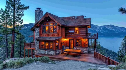 Fototapeta premium Cosy log cabin overlooks a lake