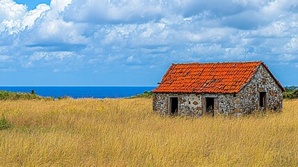 Obraz premium Solitary Stone House by the Sea: A Rustic Coastal Scene