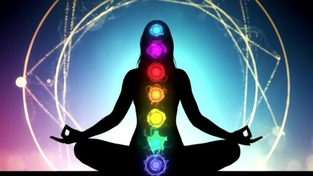 Meditation Chakra Silhouette Woman in Yoga Pose for Spiritual Balance and Wellness with Chakra Points Energy Healing on a Colorful Background