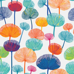 Pattern Of Stylized, Multi-Colored, Flower-Like Shapes On A White Background. 