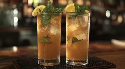 Fototapeta premium Two iced tea cocktails garnished with lemon and mint on a bar.