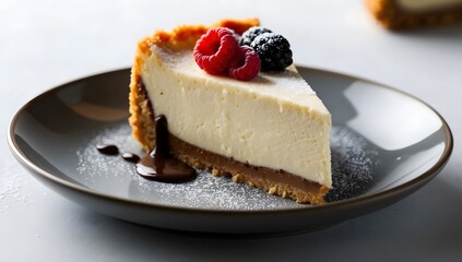 Cheesecake Slice with Chocolate Drizzle and Berry Accents