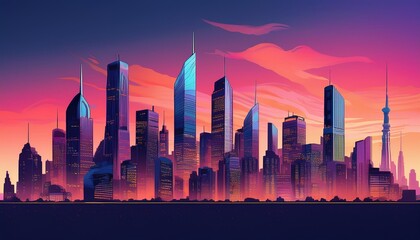 Obraz premium illustration of a modern city skyline at twilight tall skyscrapers and sleek architecture create a futuristic silhouette against a dusky sky suitable for urban projects