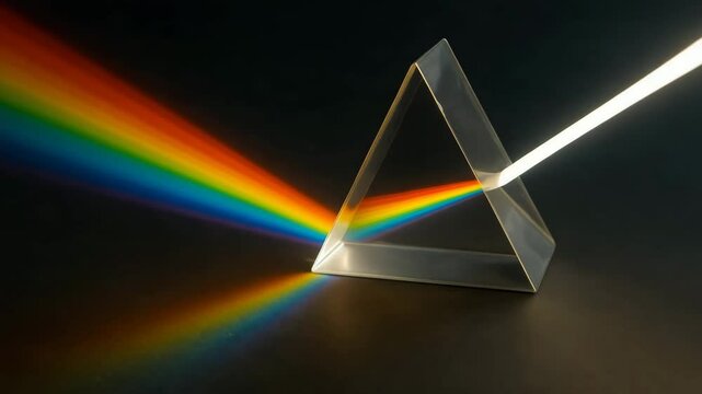 Light refracting through prism creating colorful rainbow spectrum  