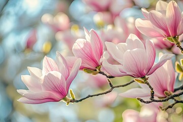 A close-up view of blooming magnolia flowers showcasing delicate pink and white petals against a softly blurred background of green foliage and sunlight. perfect for nature-themed projects