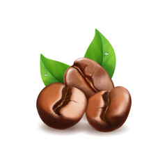Roasted coffee beans and green leaves realistic 3d set. Coffee grain seeds on white background. espresso cappuccino logo