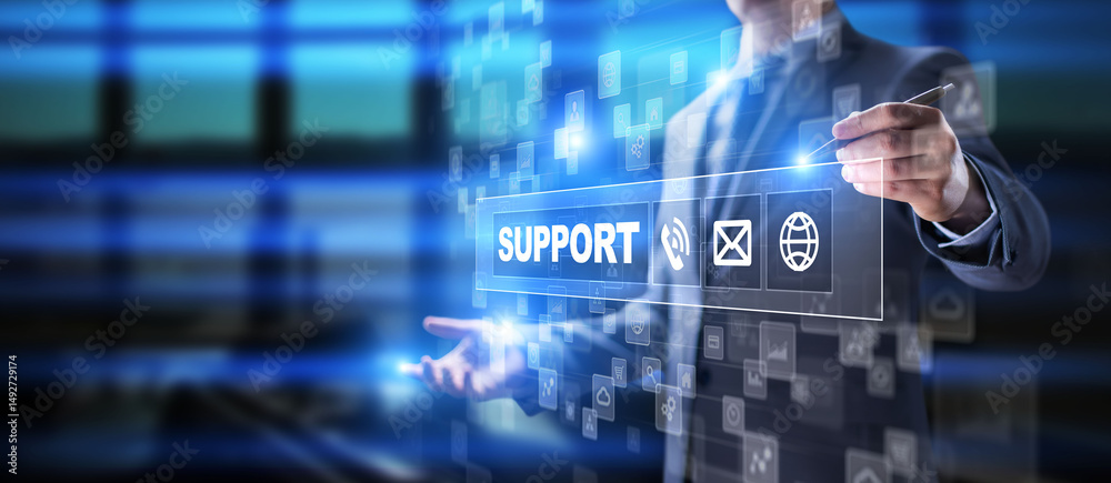 Poster Support button on virtual screen. Customer service and communication concept.