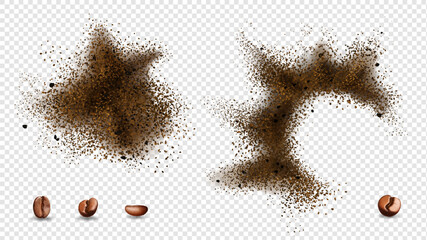 Explosion of coffee beans. Coffee grain dust, cocoa particles burst. Dirt powder of chocolate. Shredded roasted ground coffee and arabica grain pieces vector realistic illustration