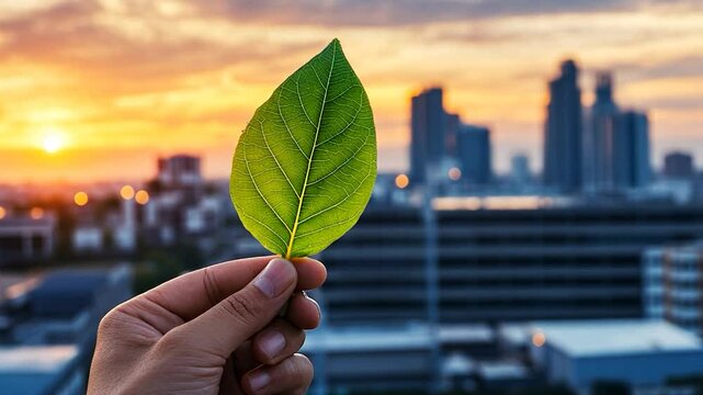 A hand holds a vibrant green leaf against a city skyline at sunset, symbolizing environmental consciousness