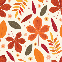 Repeating Pattern Of Various Autumn Leaves And Small Flowers On A Cream-Colored Background.