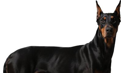 A sleek Dobermann stands with a sharp side profile, looking off to the distance. Its lean body and attentive ears showcase both elegance and strength in one of the most loyal breeds.
