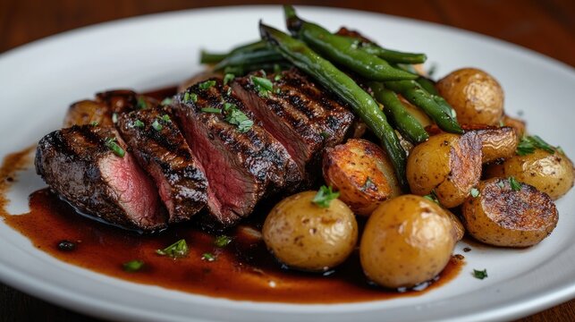 A beautifully plated medium-rare steak accompanied by roasted baby potatoes and saut?ed green beans on a dark textured background. ideal for culinary blogs and food photography