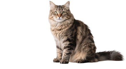 This Siberian cat features gray and black fur with alert but calm posture. Its fluffed coat and centered pose bring out its bold pattern and composed personality.
