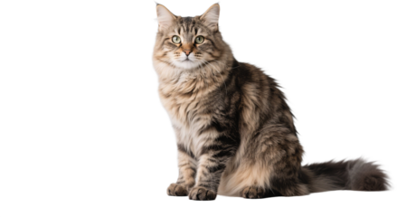 This Siberian cat features gray and black fur with alert but calm posture. Its fluffed coat and centered pose bring out its bold pattern and composed personality.