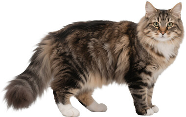 This Siberian cat stands firmly with its thick tail arched behind, ears perked and gaze alert. Its dense coat and strong stance show natural feline power and awareness.