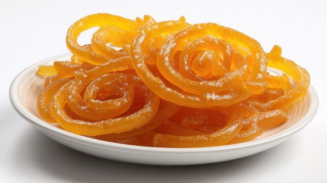 Close up of Jalebi a sweet dish from India on a white plate studio shot traditional dessert food photography