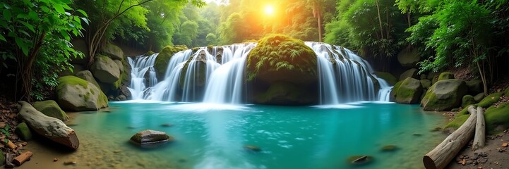 Panoramic View of Serene Tropical Waterfall in Lush Green Forest at Sunrise