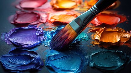 Obraz premium Vibrant Oil Paint Palette with Artist Brush Applying Color Close Up Studio Shot