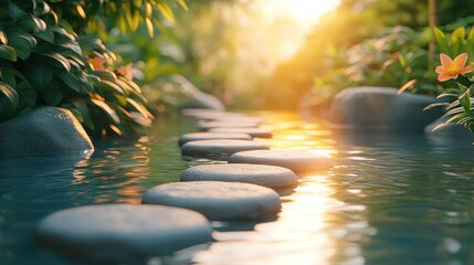 Peaceful stone path through tranquil water garden
