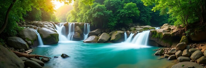 Panoramic View of Serene Tropical Waterfall in Lush Green Forest at Sunrise