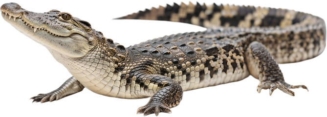 A powerful alligator lies still on the ground captured in full from head to tail displaying its massive body tough scales and primal presence under natural light