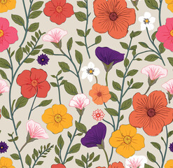 Dense Floral Pattern With Various Flowers In Shades Of Red, Orange, Yellow, Pink, And Purple, Set Against A Light Beige Background. 