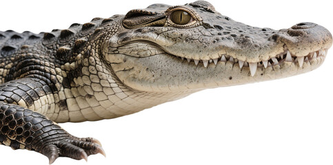 A striking face shot of an alligator highlighting its rough skin piercing eyes and frozen calm as it rests watchfully in the wild with primal strength and ancient depth