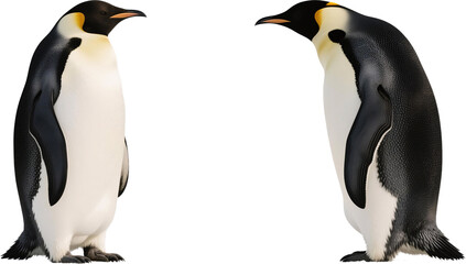 A dramatic moment as two penguins stand facing one another in the snow with intense expressions as if preparing for a sudden quarrel or sharp exchange in the icy wilderness