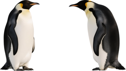 A dramatic moment as two penguins stand facing one another in the snow with intense expressions as if preparing for a sudden quarrel or sharp exchange in the icy wilderness