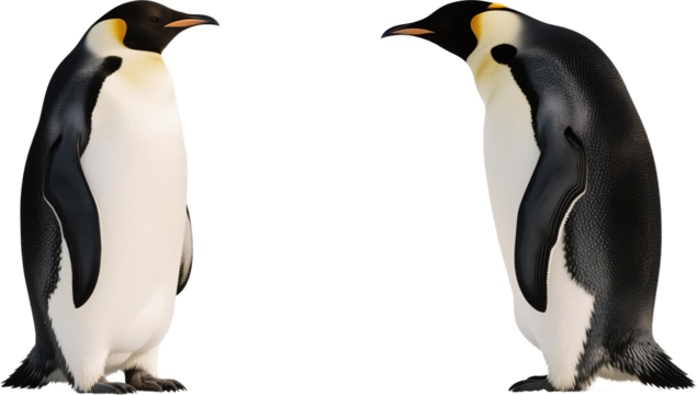 A dramatic moment as two penguins stand facing one another in the snow with intense expressions as if preparing for a sudden quarrel or sharp exchange in the icy wilderness