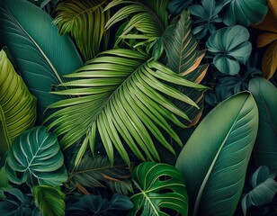 lush green tropical plants with varied foliage and textures in vibrant colors for nature and botany themes
